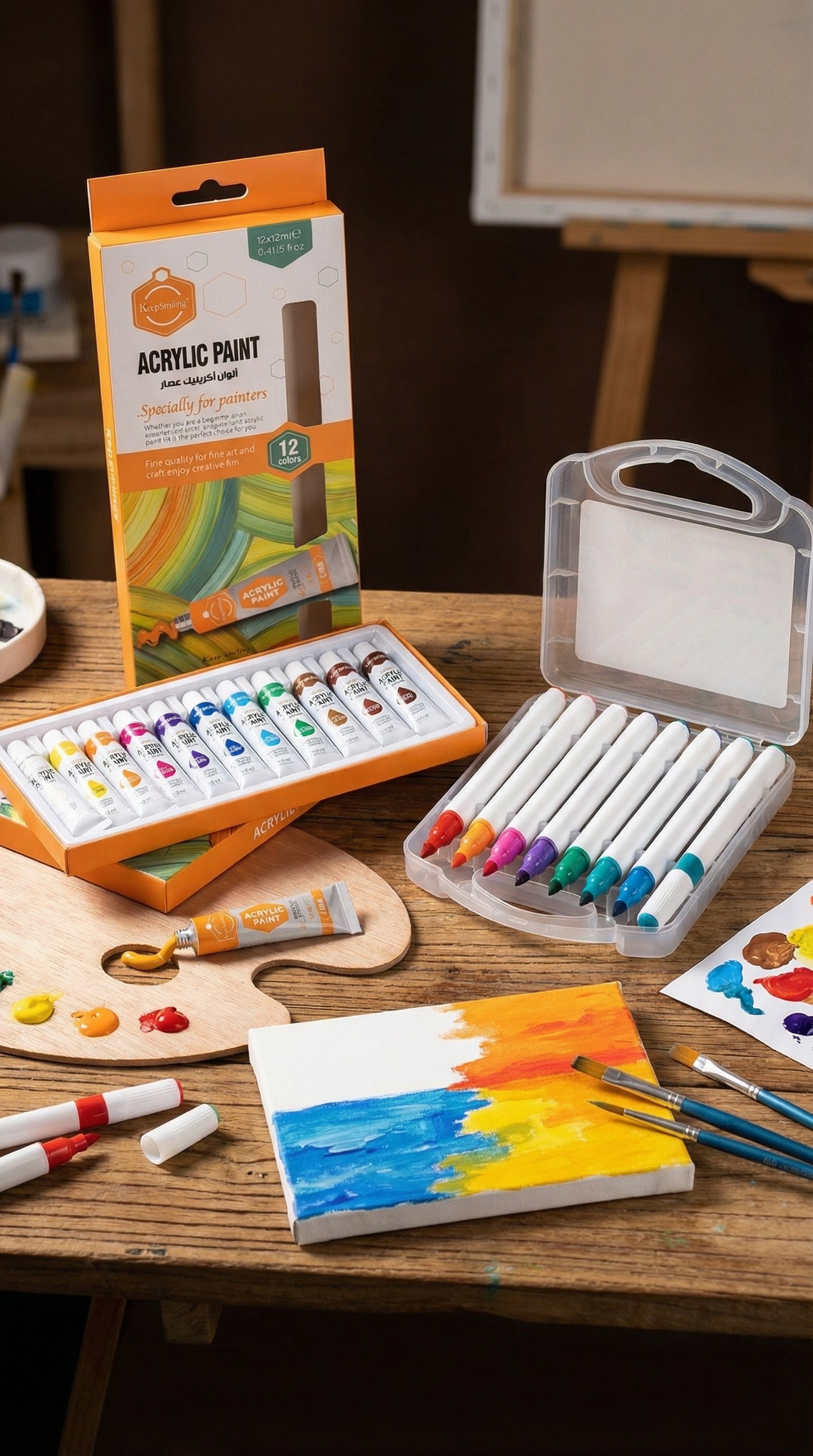 2 in 1-Acrylic Paint Set (12 x 12ml tubes) and Acrylic Triangle Marker( Pack 0f 12)