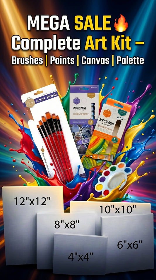 Complete Acrylic & Fabric Painting Kit Bundle – Canvas Set (4x4 to 12x12), Artist Brushes, 24 Colors Paint Set