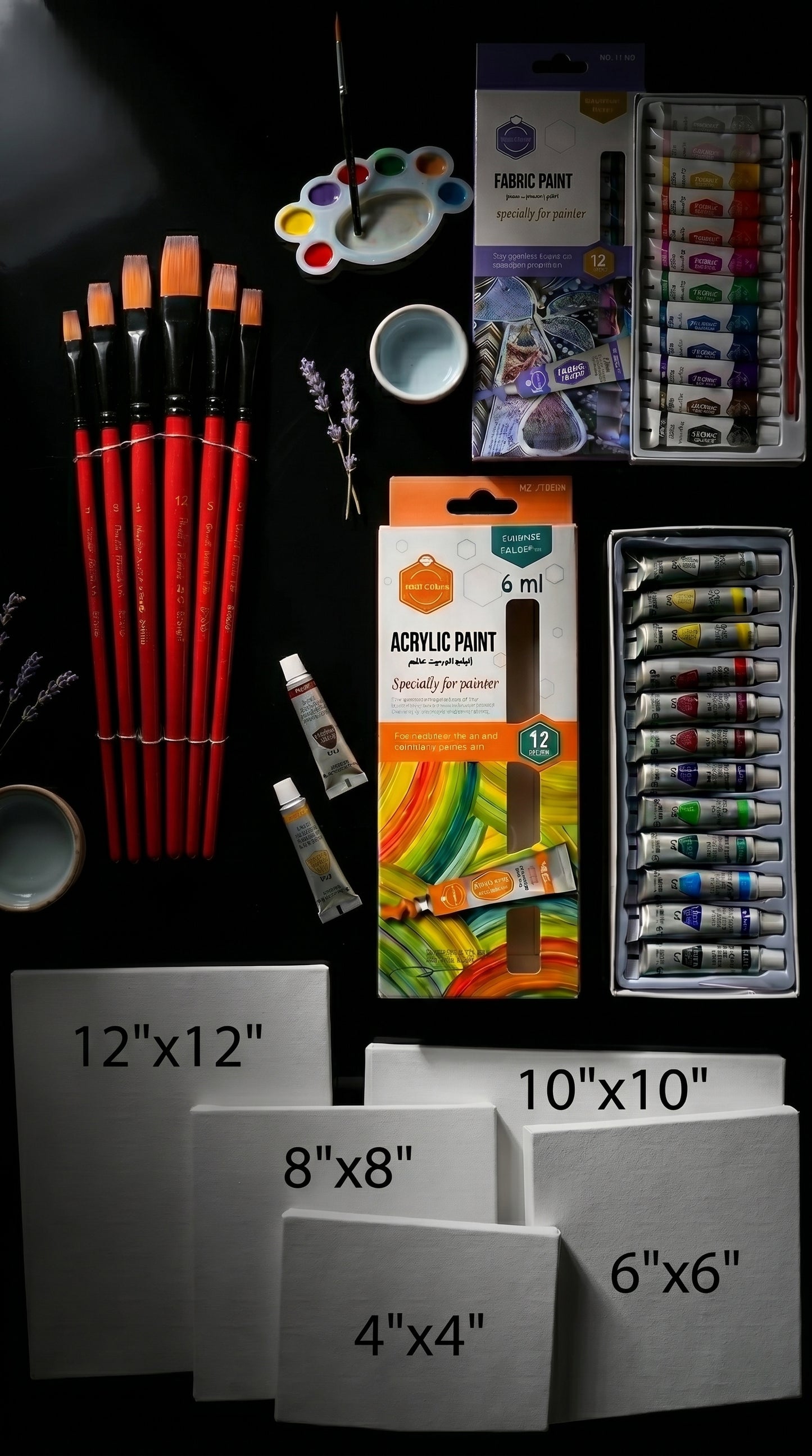 Complete Acrylic & Fabric Painting Kit Bundle – Canvas Set (4x4 to 12x12), Artist Brushes, 24 Colors Paint Set