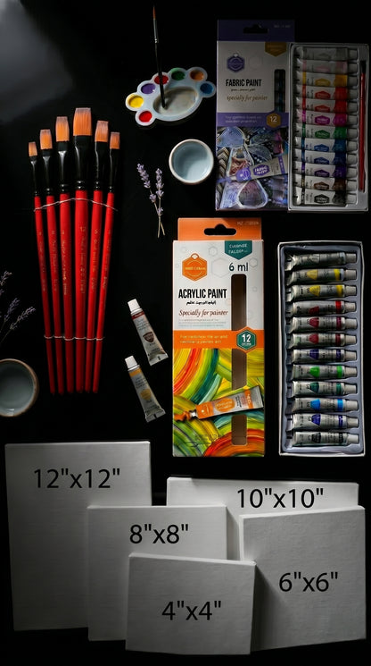 Complete Acrylic & Fabric Painting Kit Bundle – Canvas Set (4x4 to 12x12), Artist Brushes, 24 Colors Paint Set