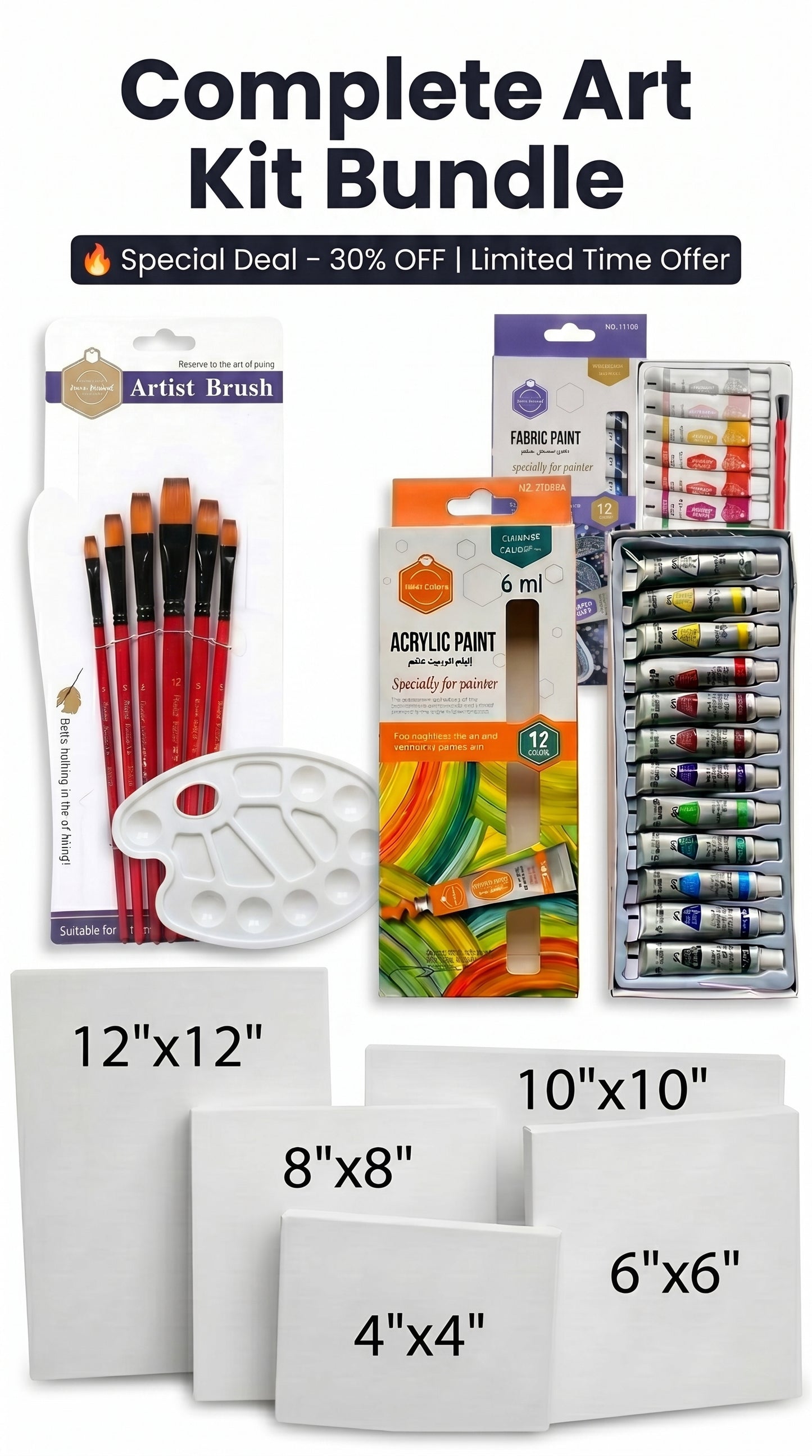 Complete Acrylic & Fabric Painting Kit Bundle – Canvas Set (4x4 to 12x12), Artist Brushes, 24 Colors Paint Set