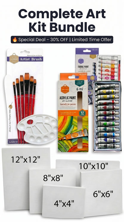 Complete Acrylic & Fabric Painting Kit Bundle – Canvas Set (4x4 to 12x12), Artist Brushes, 24 Colors Paint Set