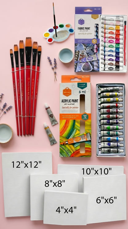 Complete Acrylic & Fabric Painting Kit Bundle – Canvas Set (4x4 to 12x12), Artist Brushes, 24 Colors Paint Set
