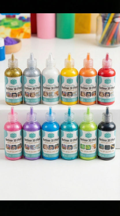 12-Piece 3D Glitter Outliner Paint Set – Non-Toxic Decorative Pens for Fabric, Glass, Wood & More.