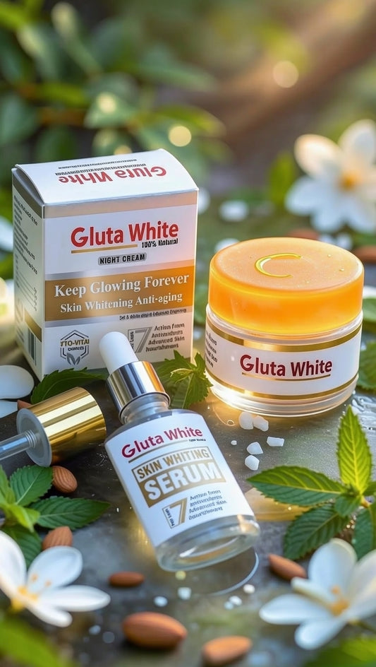 2 in 1 Gluta White Skin Whitening Night Cream & Brightening Serum Set – Anti-Aging, Dark Spot Remover & Glow Boost Skincare