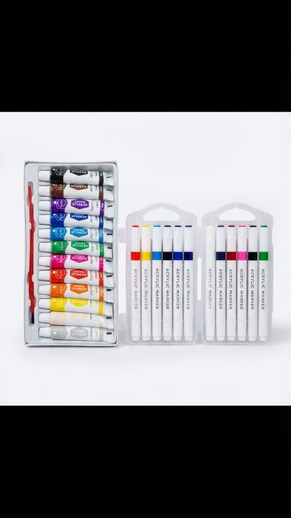 2 in 1-Acrylic Paint Set (12 x 12ml tubes) and Acrylic Triangle Marker( Pack 0f 12)
