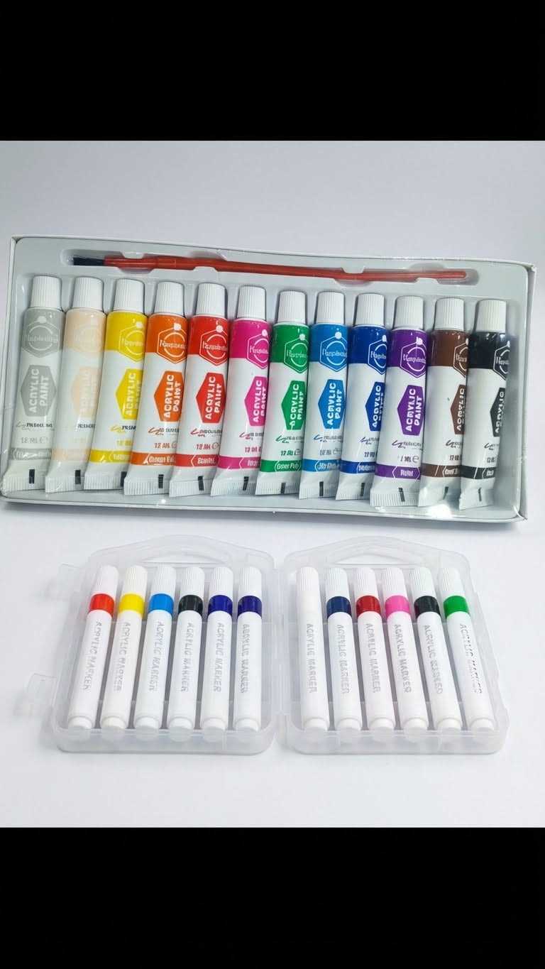 2 in 1-Acrylic Paint Set (12 x 12ml tubes) and Acrylic Triangle Marker( Pack 0f 12)