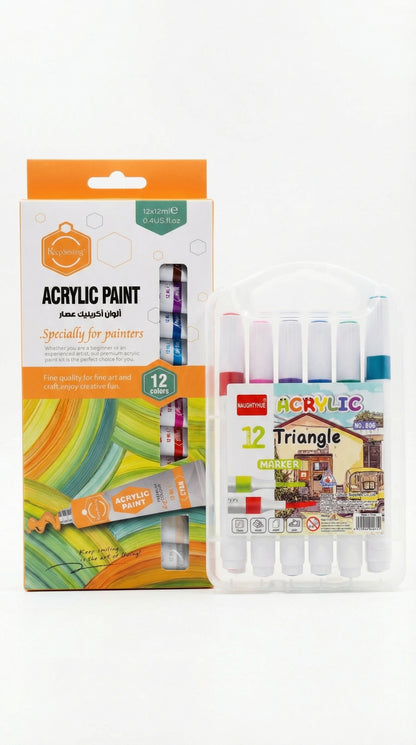 2 in 1-Acrylic Paint Set (12 x 12ml tubes) and Acrylic Triangle Marker( Pack 0f 12)