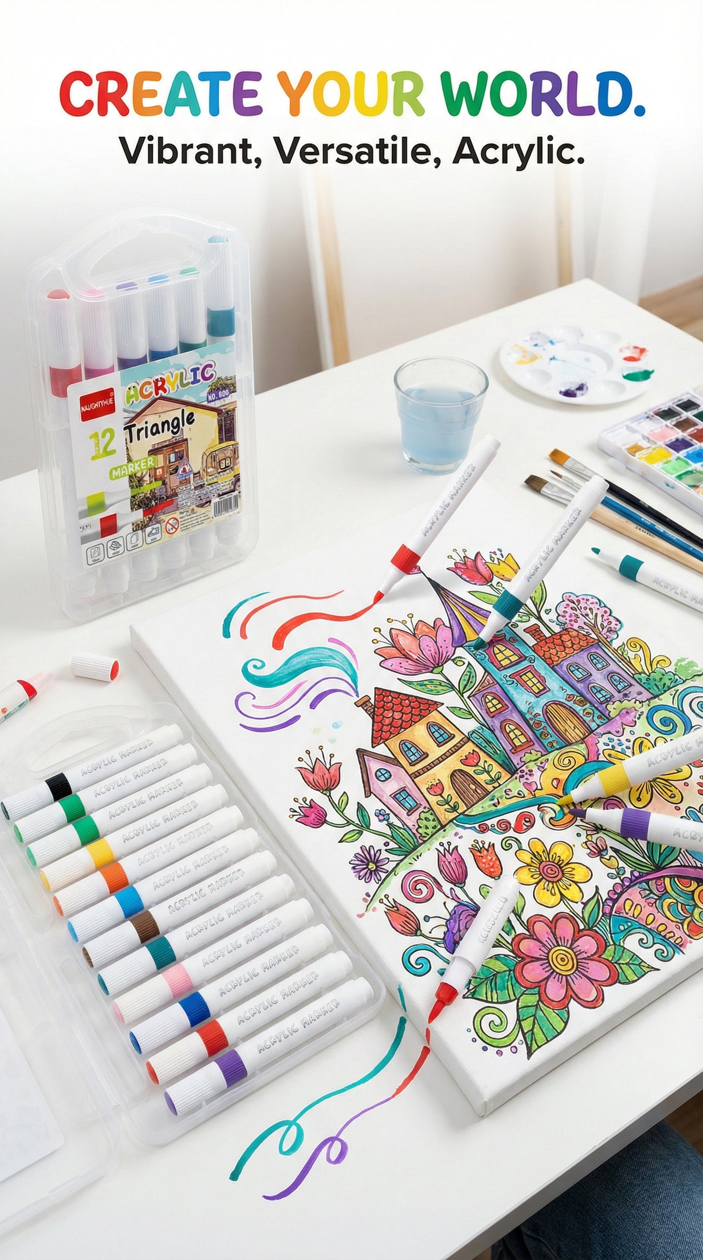 2 in 1-Acrylic Paint Set (12 x 12ml tubes) and Acrylic Triangle Marker( Pack 0f 12)