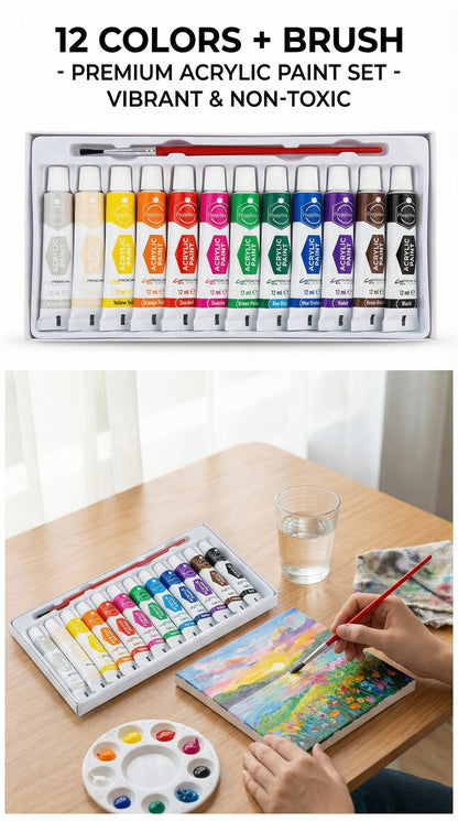 2 in 1-Acrylic Paint Set (12 x 12ml tubes) and Acrylic Triangle Marker( Pack 0f 12)