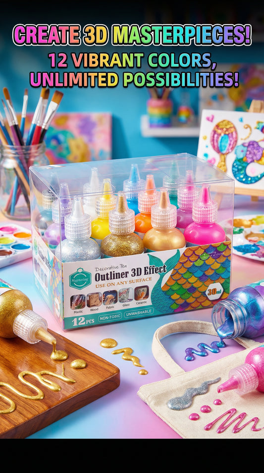 12-Piece 3D Glitter Outliner Paint Set – Non-Toxic Decorative Pens for Fabric, Glass, Wood & More.