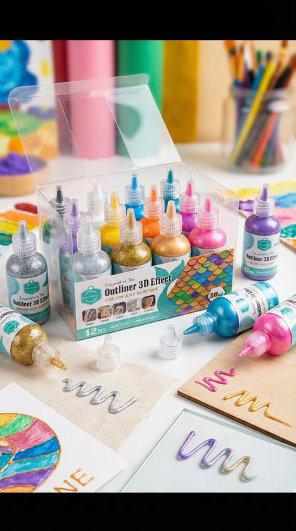 12-Piece 3D Glitter Outliner Paint Set – Non-Toxic Decorative Pens for Fabric, Glass, Wood & More.