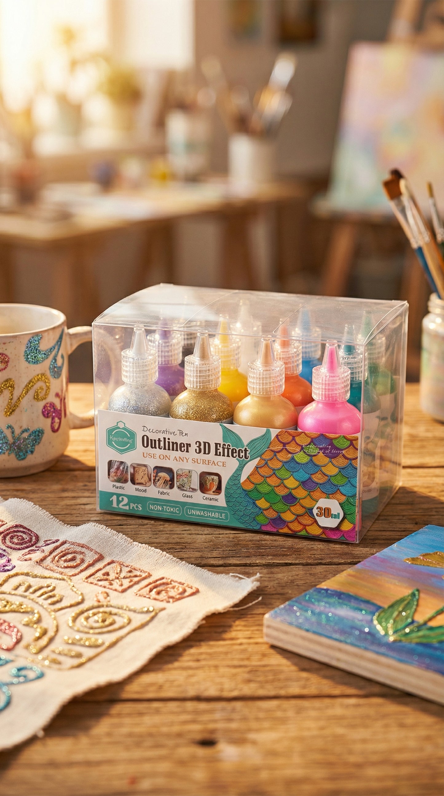 12-Piece 3D Glitter Outliner Paint Set – Non-Toxic Decorative Pens for Fabric, Glass, Wood & More.