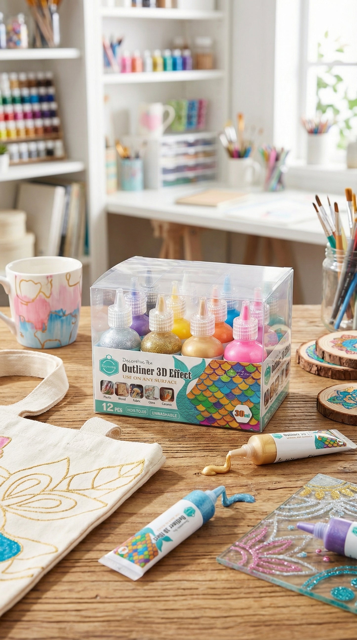 12-Piece 3D Glitter Outliner Paint Set – Non-Toxic Decorative Pens for Fabric, Glass, Wood & More.