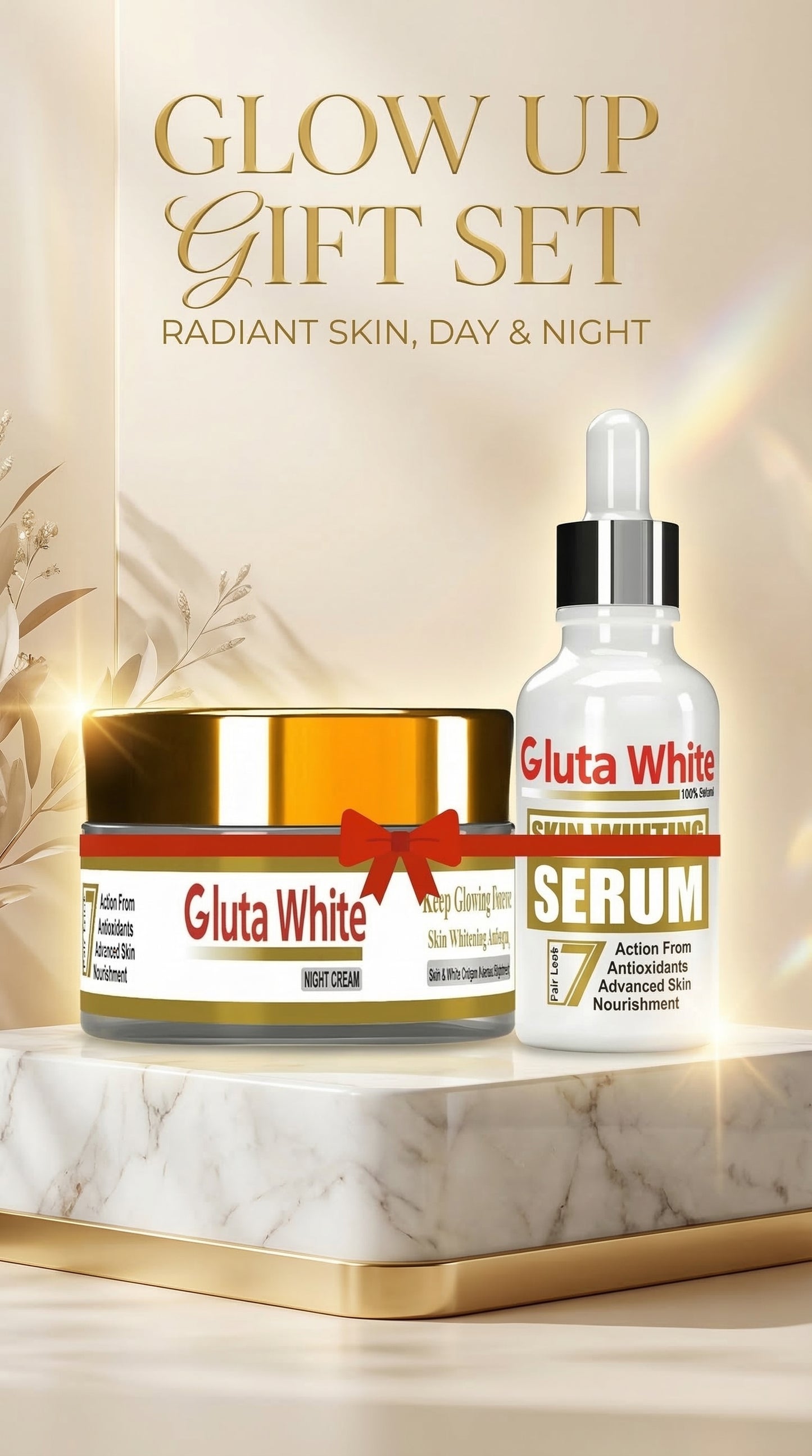 2 in 1 Gluta White Skin Whitening Night Cream & Brightening Serum Set – Anti-Aging, Dark Spot Remover & Glow Boost Skincare