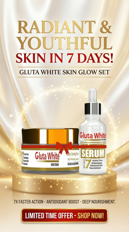 2 in 1 Gluta White Skin Whitening Night Cream & Brightening Serum Set – Anti-Aging, Dark Spot Remover & Glow Boost Skincare