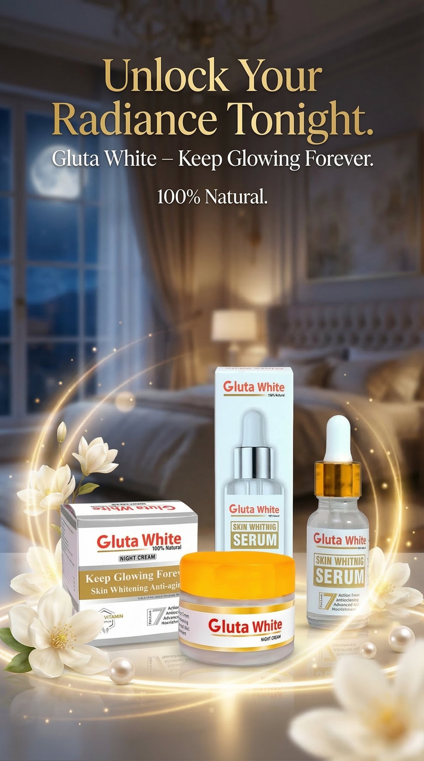 2 in 1 Gluta White Skin Whitening Night Cream & Brightening Serum Set – Anti-Aging, Dark Spot Remover & Glow Boost Skincare