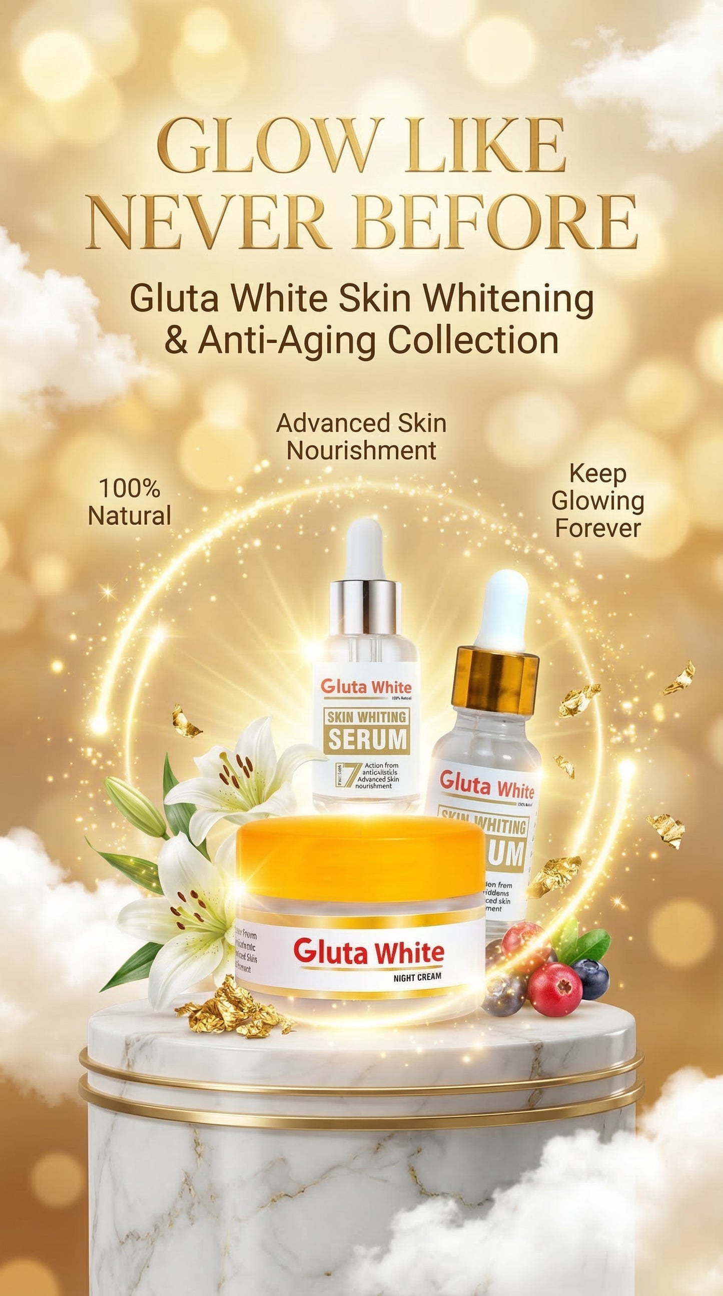 2 in 1 Gluta White Skin Whitening Night Cream & Brightening Serum Set – Anti-Aging, Dark Spot Remover & Glow Boost Skincare
