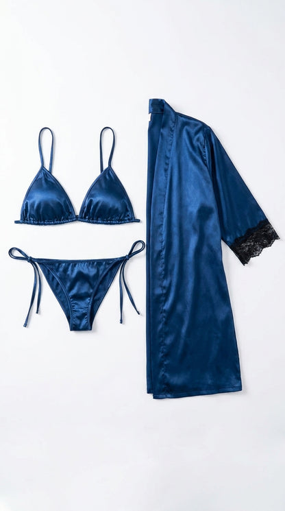 Elegant 3-Piece Bikini Nighty with Gown |Satin Nightwear Set with Robe | Bridal & Honeymoon Sleepwear