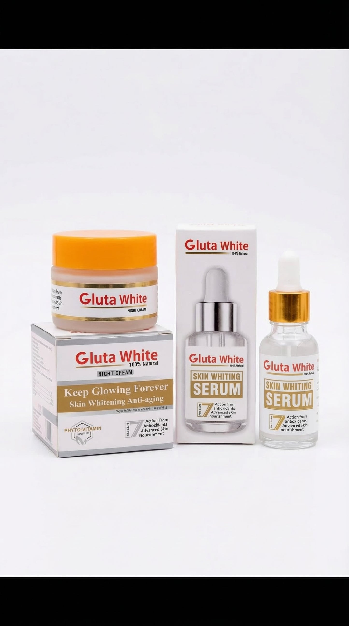 2 in 1 Gluta White Skin Whitening Night Cream & Brightening Serum Set – Anti-Aging, Dark Spot Remover & Glow Boost Skincare
