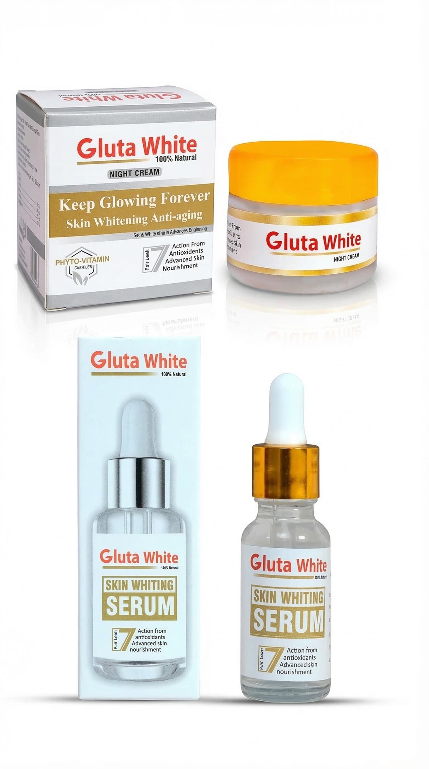 2 in 1 Gluta White Skin Whitening Night Cream & Brightening Serum Set – Anti-Aging, Dark Spot Remover & Glow Boost Skincare
