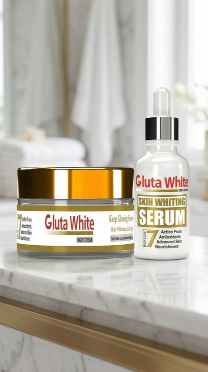 2 in 1 Gluta White Skin Whitening Night Cream & Brightening Serum Set – Anti-Aging, Dark Spot Remover & Glow Boost Skincare