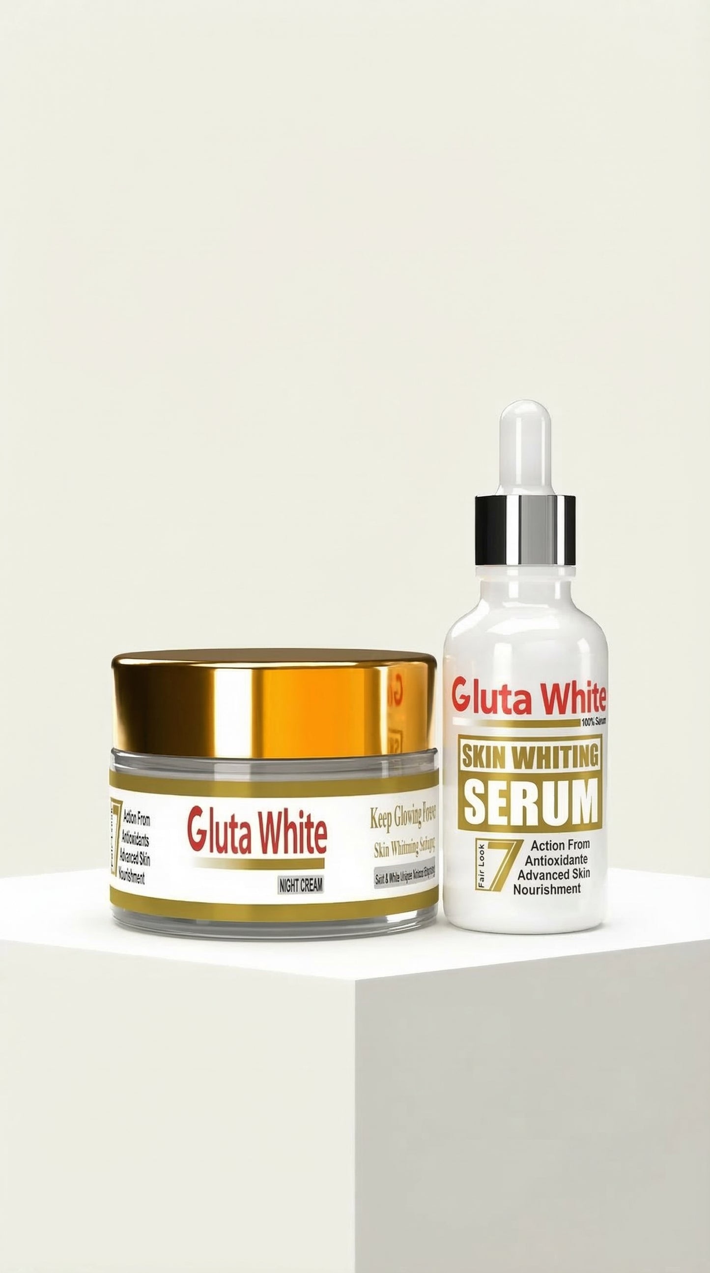 2 in 1 Gluta White Skin Whitening Night Cream & Brightening Serum Set – Anti-Aging, Dark Spot Remover & Glow Boost Skincare