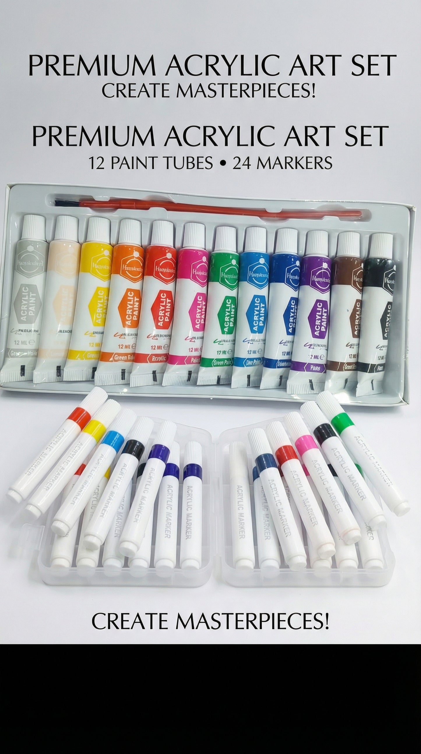 2 in 1-Acrylic Paint Set (12 x 12ml tubes) and Acrylic Triangle Marker( Pack 0f 12)
