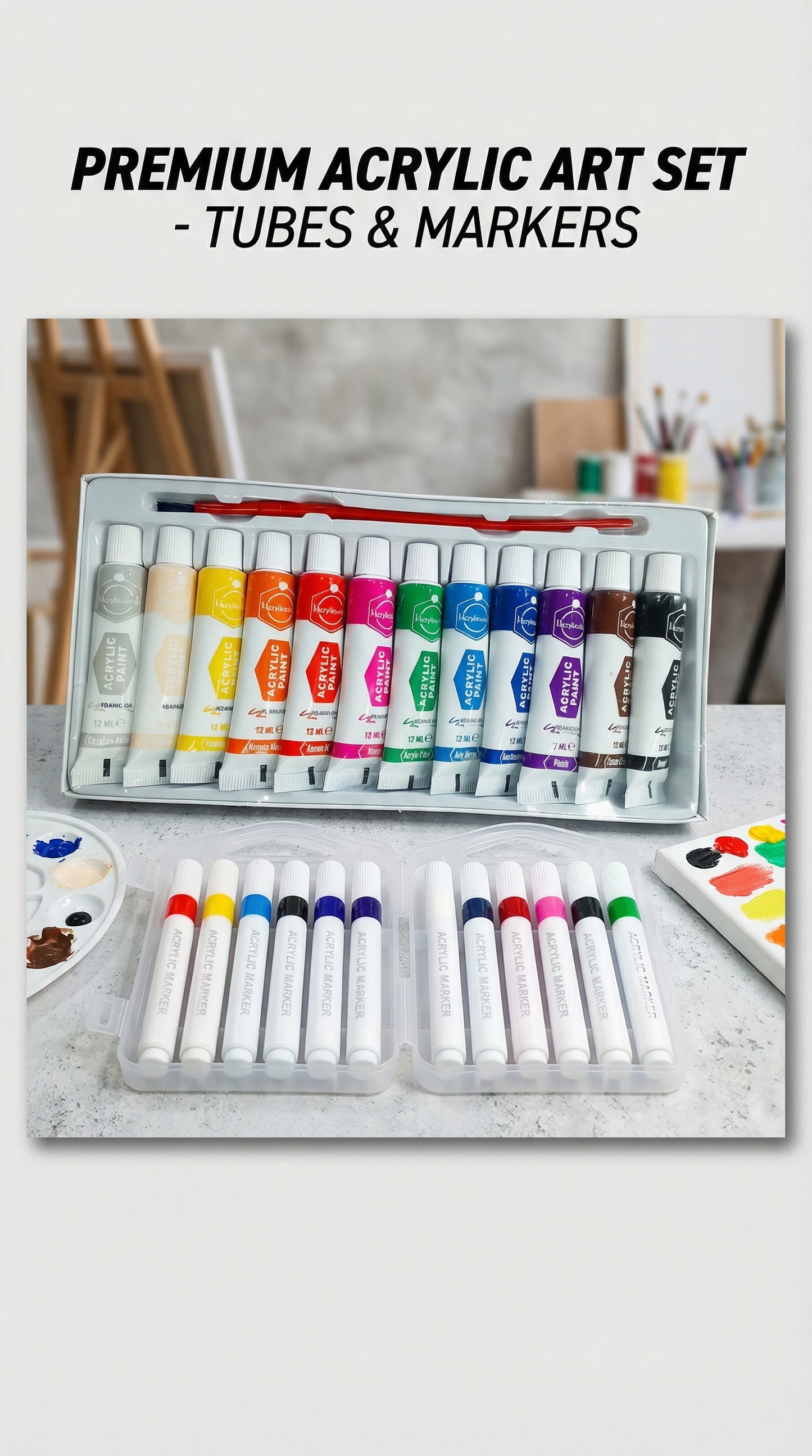 2 in 1-Acrylic Paint Set (12 x 12ml tubes) and Acrylic Triangle Marker( Pack 0f 12)