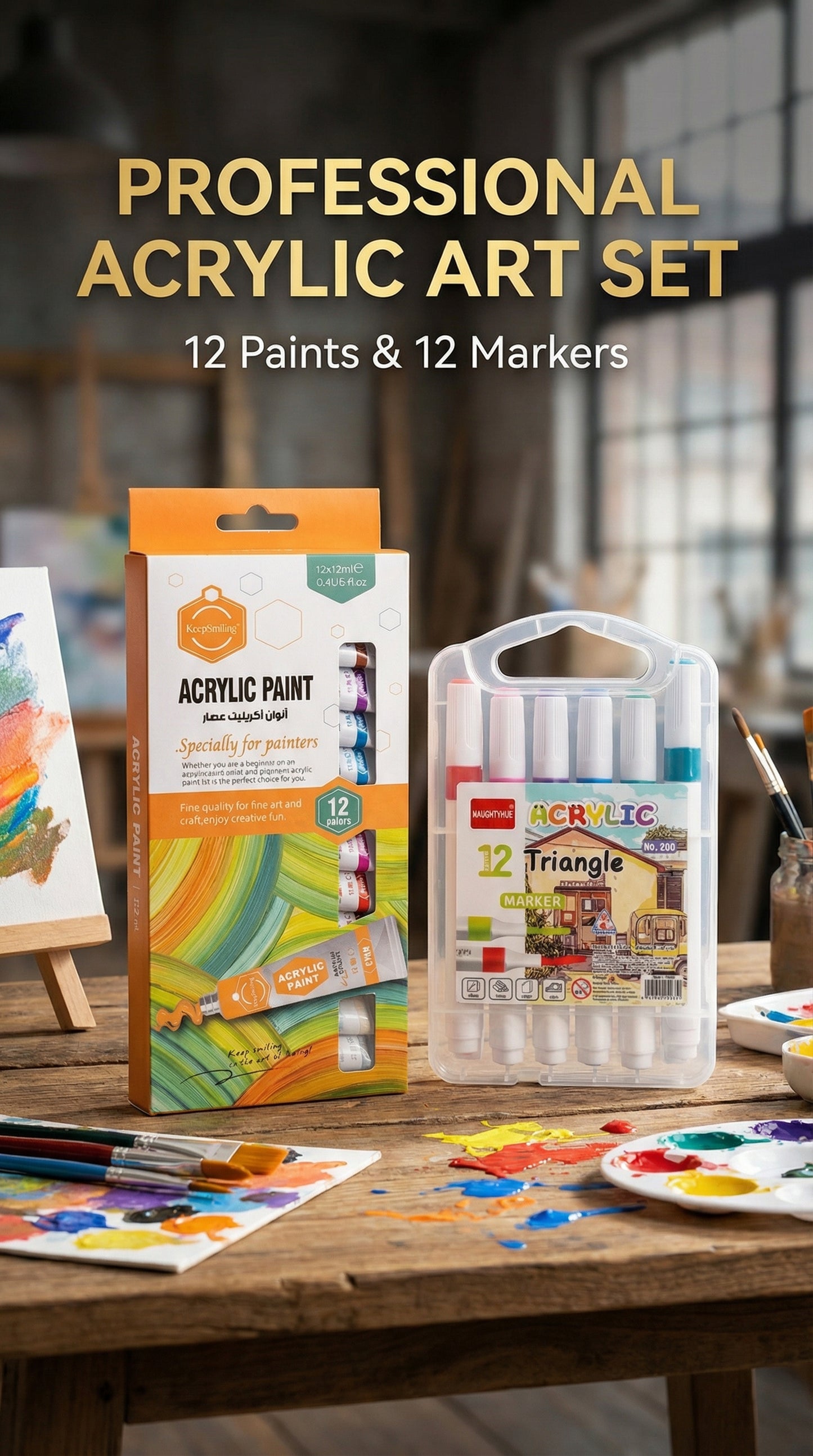 2 in 1-Acrylic Paint Set (12 x 12ml tubes) and Acrylic Triangle Marker( Pack 0f 12)