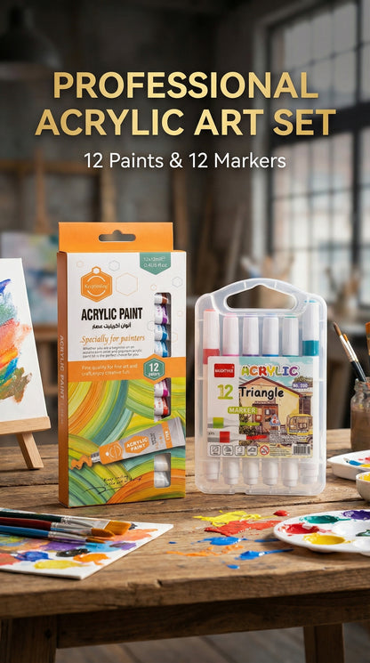 2 in 1-Acrylic Paint Set (12 x 12ml tubes) and Acrylic Triangle Marker( Pack 0f 12)
