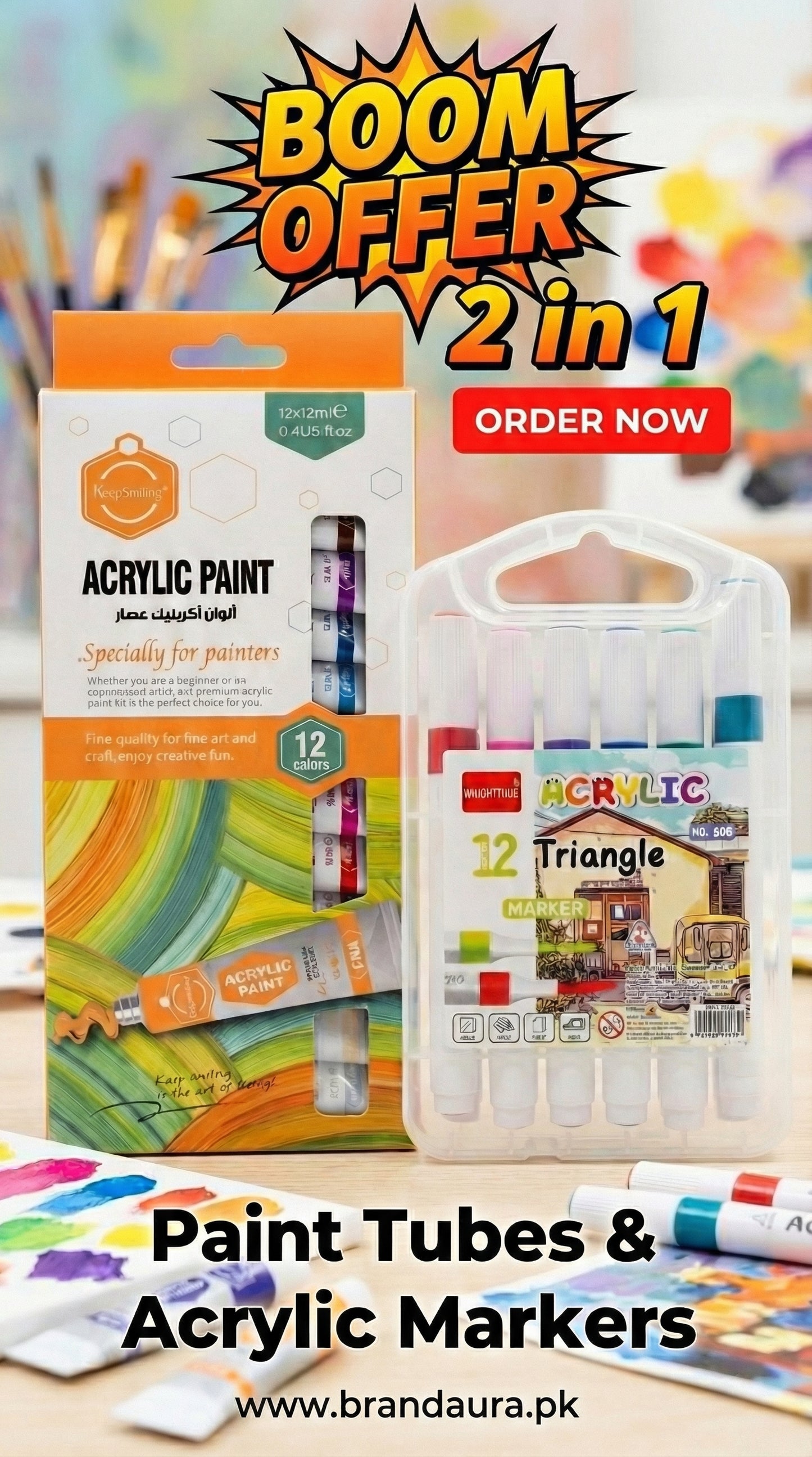 2 in 1-Acrylic Paint Set (12 x 12ml tubes) and Acrylic Triangle Marker( Pack 0f 12)