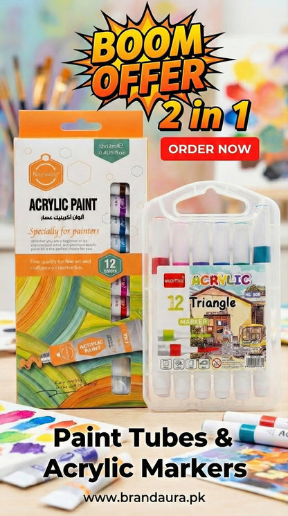 2 in 1-Acrylic Paint Set (12 x 12ml tubes) and Acrylic Triangle Marker( Pack 0f 12)