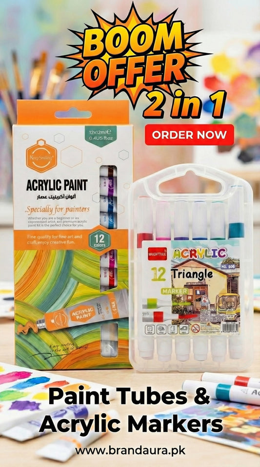 2 in 1-Acrylic Paint Set (12 x 12ml tubes) and Acrylic Triangle Marker( Pack 0f 12)