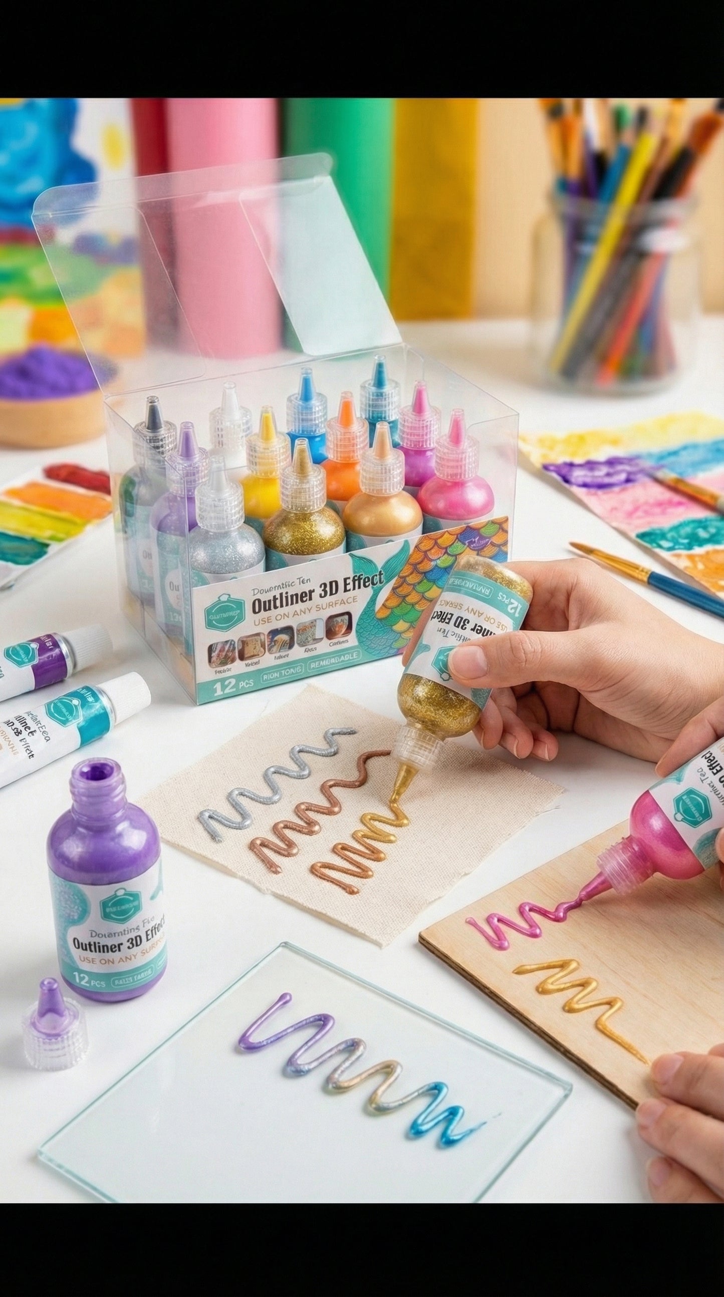 12-Piece 3D Glitter Outliner Paint Set – Non-Toxic Decorative Pens for Fabric, Glass, Wood & More.