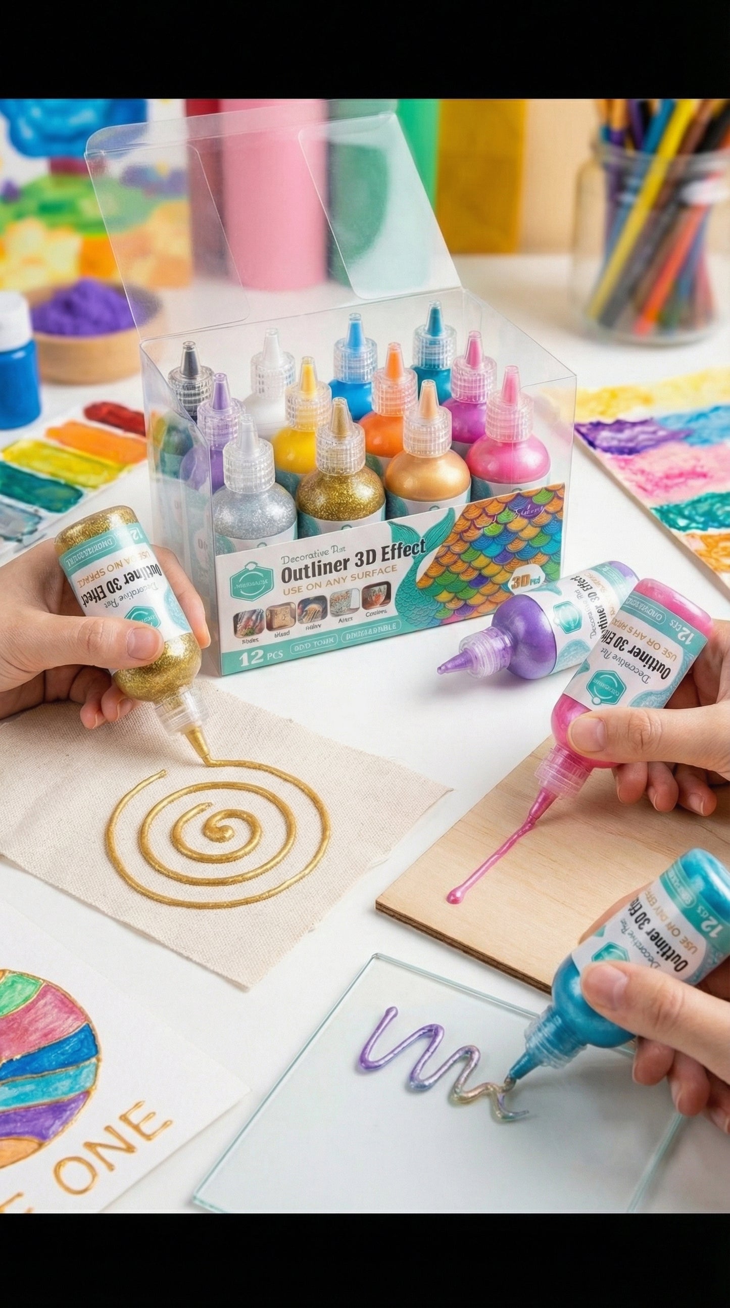 12-Piece 3D Glitter Outliner Paint Set – Non-Toxic Decorative Pens for Fabric, Glass, Wood & More.