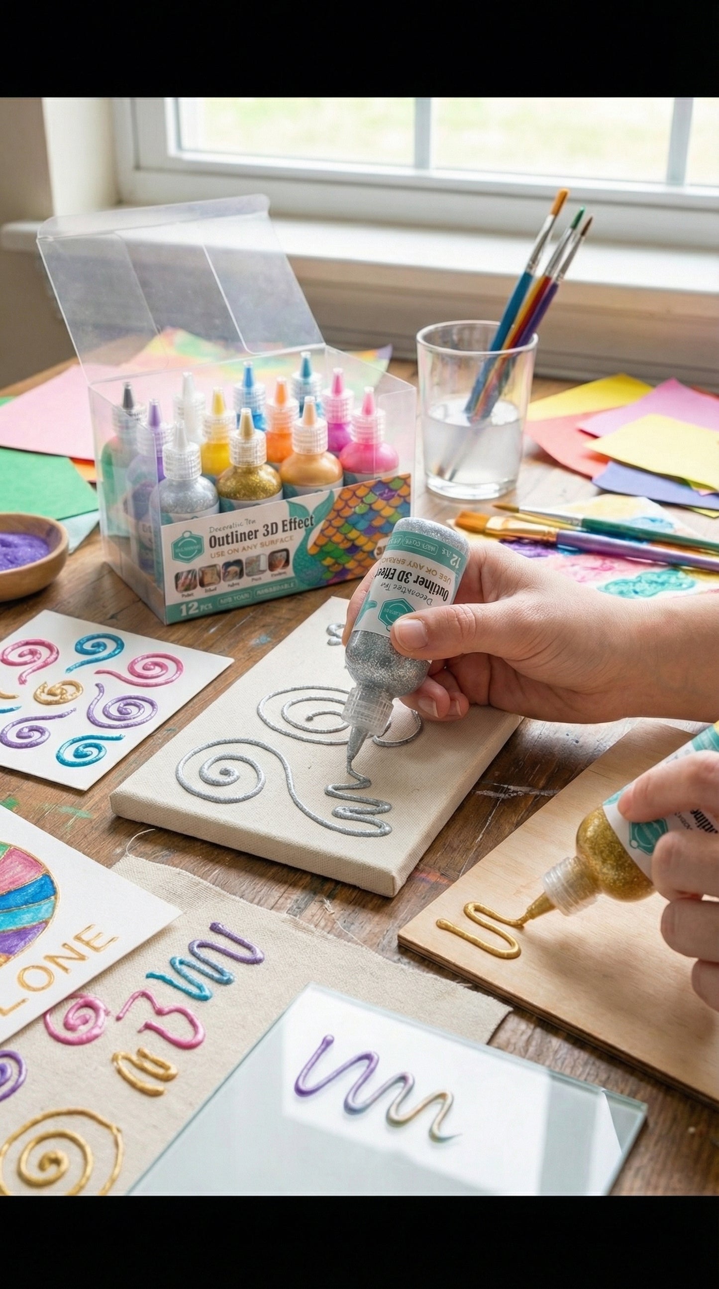 12-Piece 3D Glitter Outliner Paint Set – Non-Toxic Decorative Pens for Fabric, Glass, Wood & More.