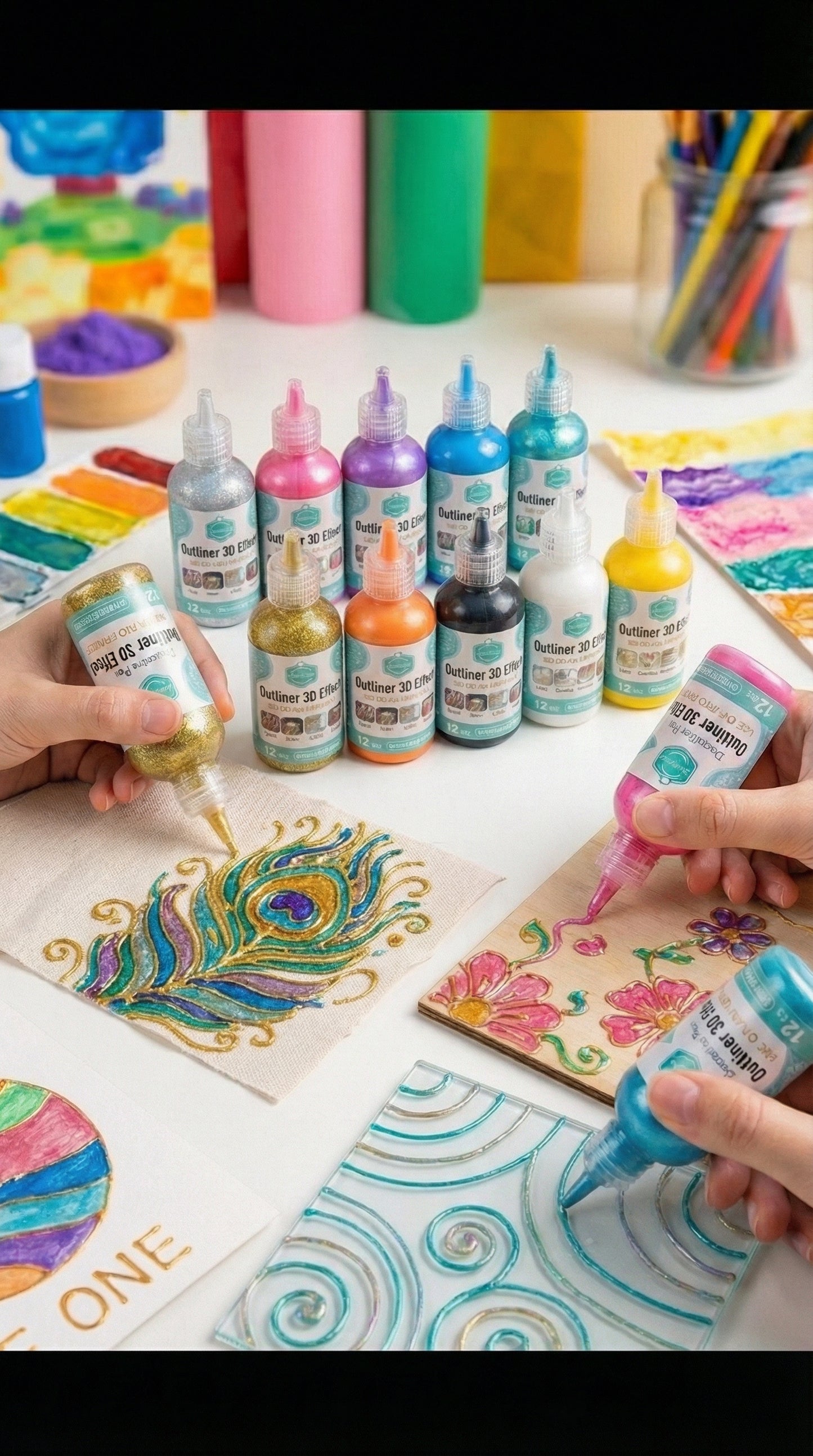 12-Piece 3D Glitter Outliner Paint Set – Non-Toxic Decorative Pens for Fabric, Glass, Wood & More.