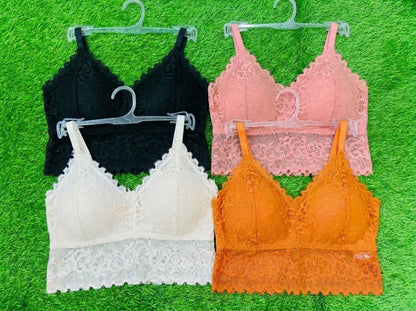Pack of 4 Free Size Lace Bralette Bras for Women – Comfortable Wireless Padded Crop Top Bra Set (Black, White, Peach, Orange)