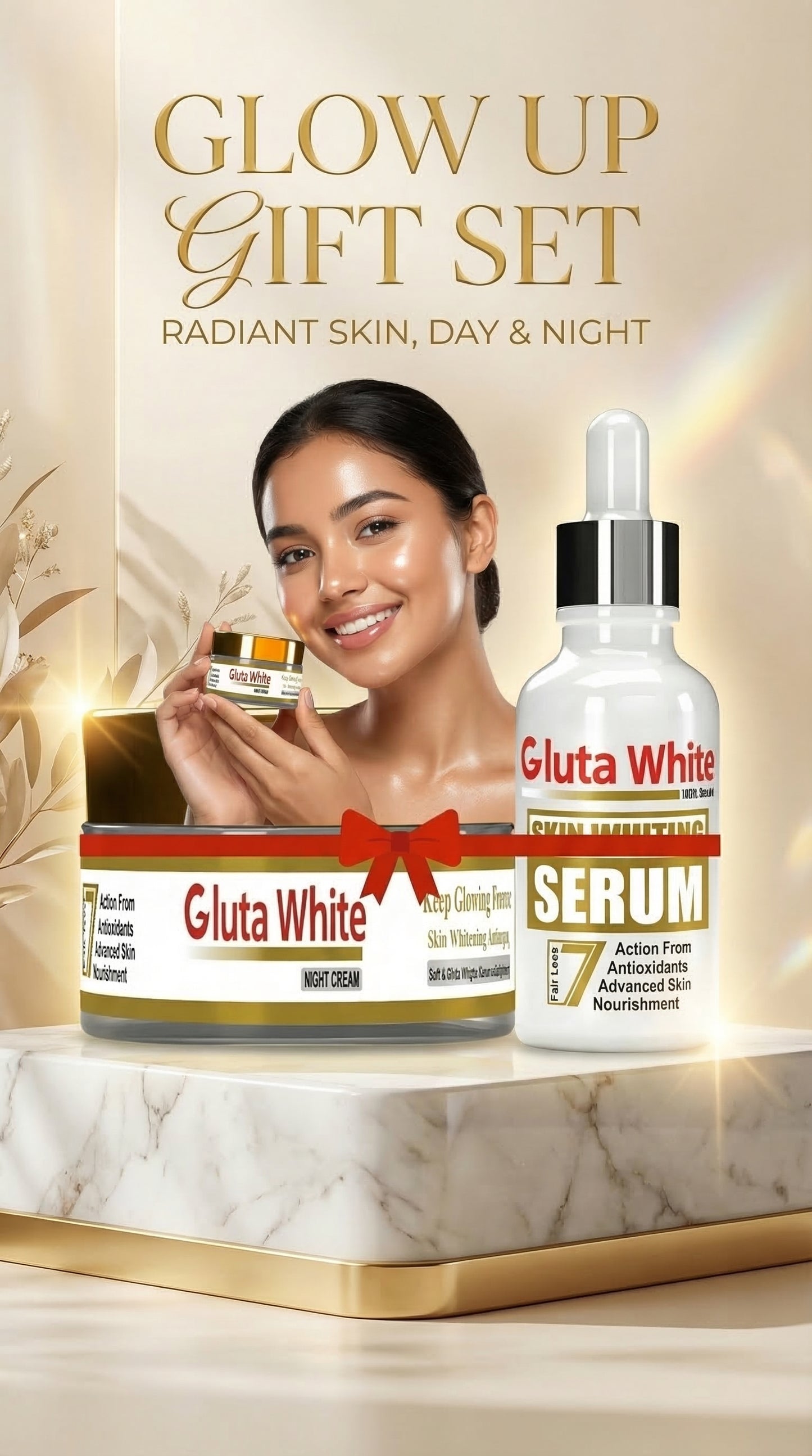 2 in 1 Gluta White Skin Whitening Night Cream & Brightening Serum Set – Anti-Aging, Dark Spot Remover & Glow Boost Skincare