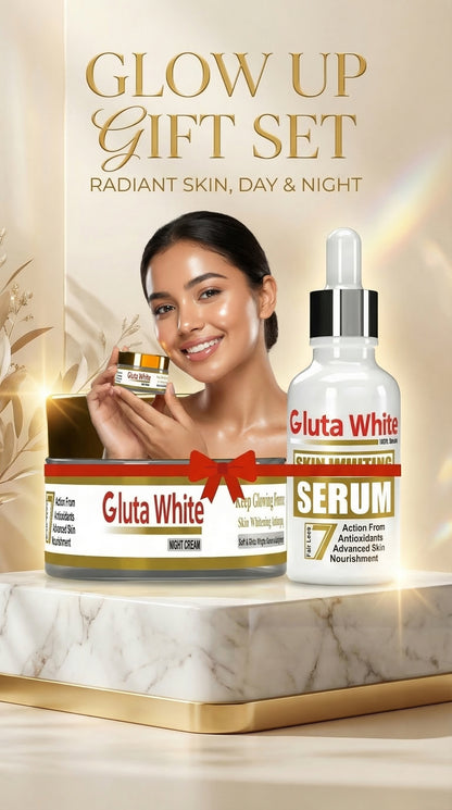 2 in 1 Gluta White Skin Whitening Night Cream & Brightening Serum Set – Anti-Aging, Dark Spot Remover & Glow Boost Skincare