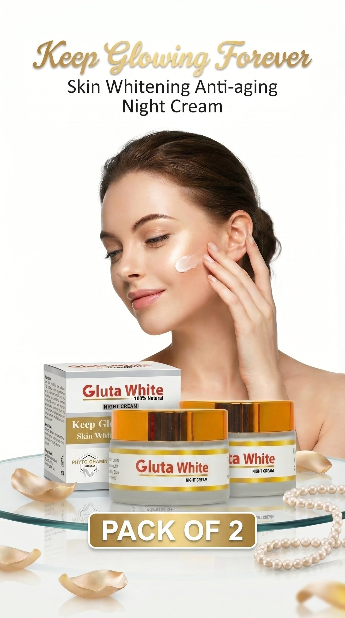 Gluta White 100% Natural Night Cream - Pack of 2 - Radiant Skin & Whitening Formula.
