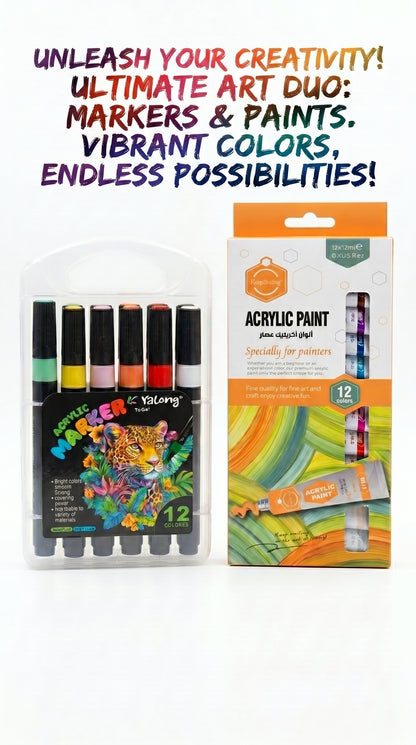 2-in-1 Paint Set – 12 Color Markers + Acrylic Paint Tubes Kit for Canvas, Wood, Glass & DIY Art