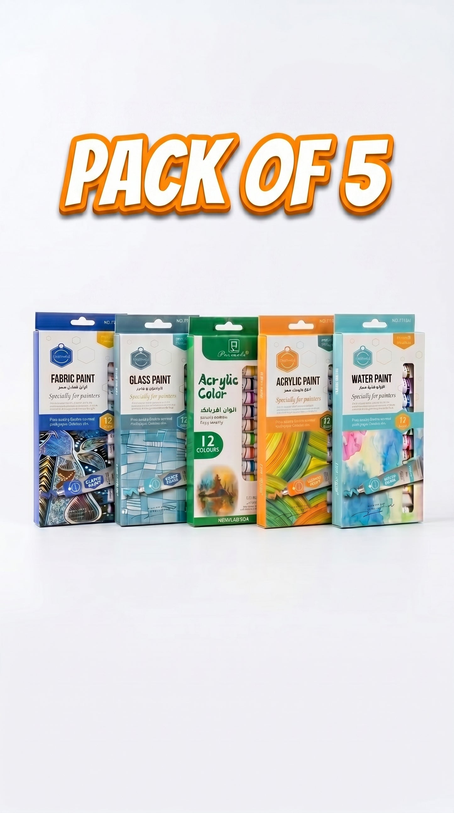 5-in-1 Paint Set – Acrylic, Glass, Fabric & Water Colors Kit (Pack of 5 x 12 Colors) | Professional Art Supplies for Beginners & Artists