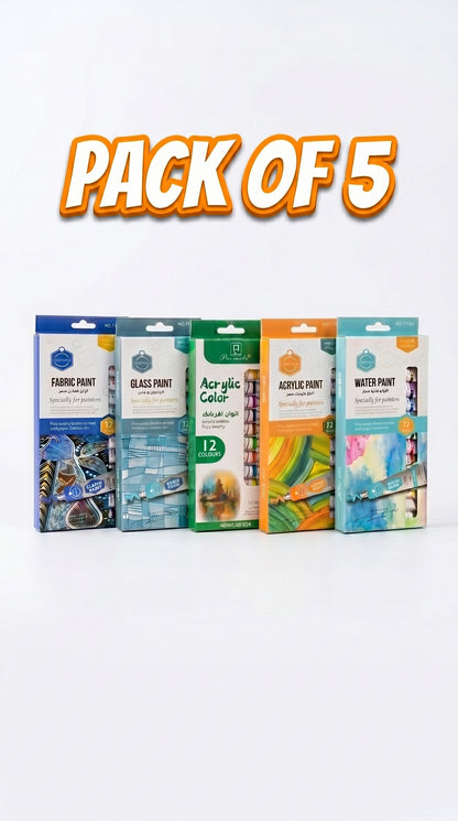 5-in-1 Paint Set – Acrylic, Glass, Fabric & Water Colors Kit (Pack of 5 x 12 Colors) | Professional Art Supplies for Beginners & Artists