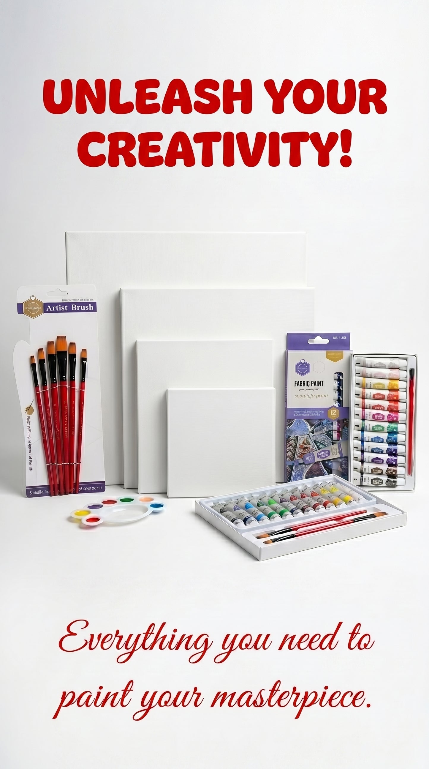Complete Acrylic & Fabric Painting Kit Bundle – Canvas Set (4x4 to 12x12), Artist Brushes, 24 Colors Paint Set