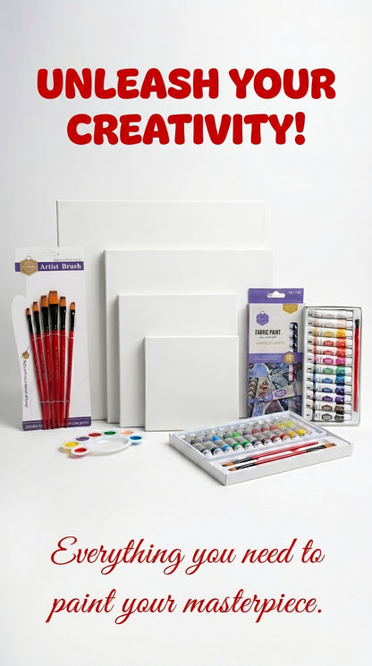 Complete Acrylic & Fabric Painting Kit Bundle – Canvas Set (4x4 to 12x12), Artist Brushes, 24 Colors Paint Set