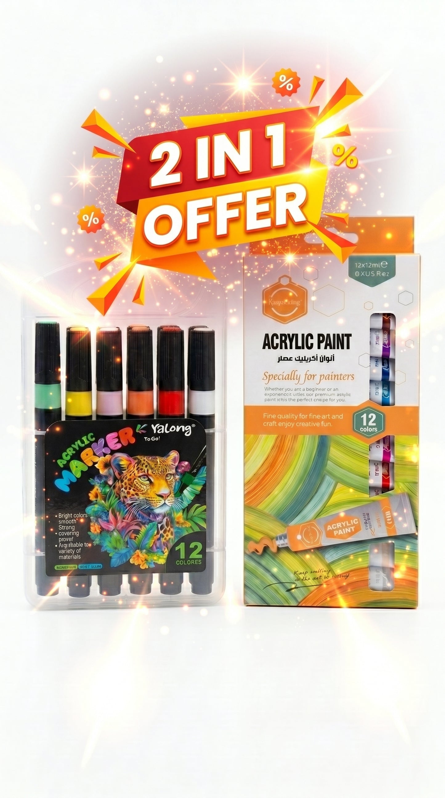 2-in-1 Paint Set – 12 Color Markers + Acrylic Paint Tubes Kit for Canvas, Wood, Glass & DIY Art