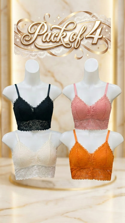 Pack of 4 Free Size Lace Bralette Bras for Women – Comfortable Wireless Padded Crop Top Bra Set (Black, White, Peach, Orange)