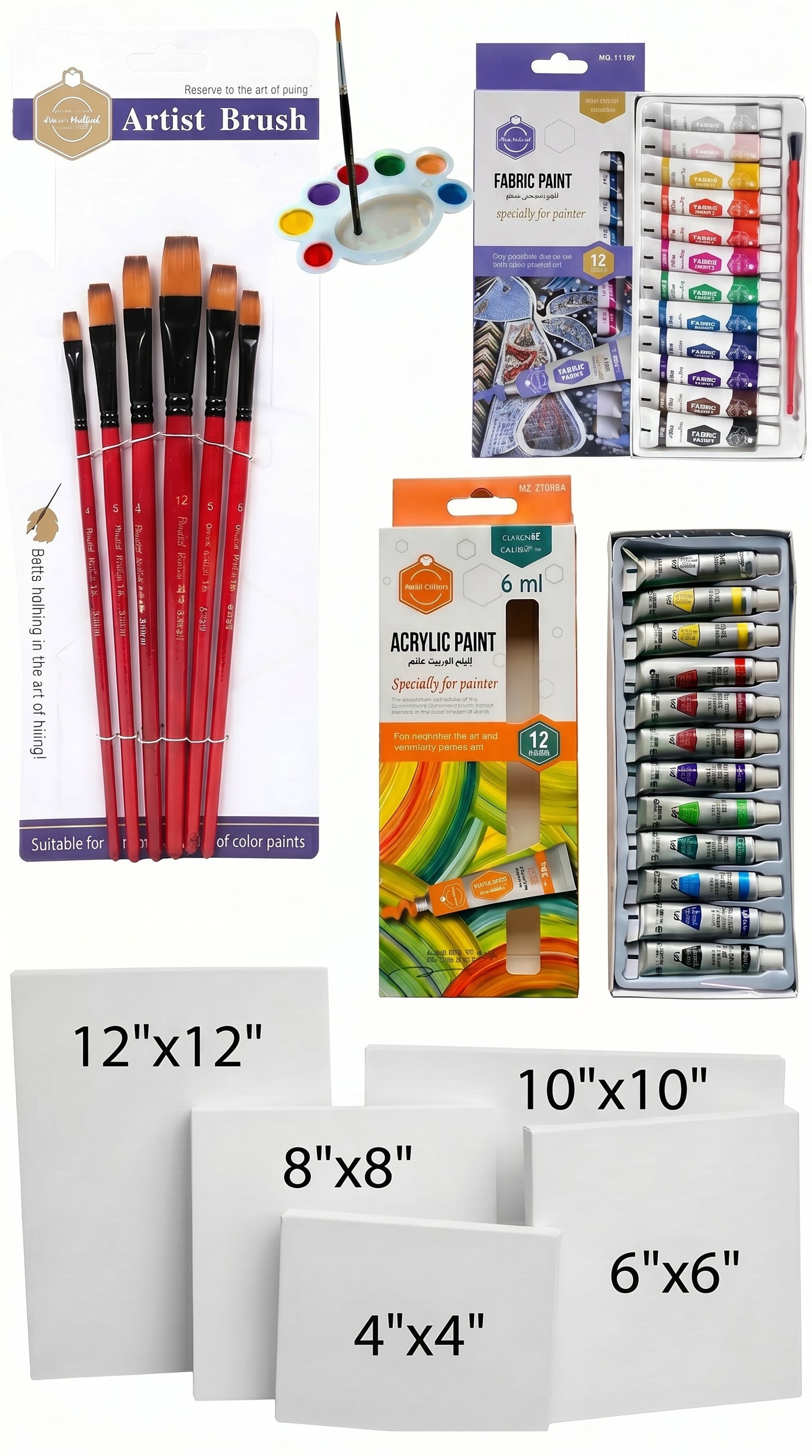 Complete Acrylic & Fabric Painting Kit Bundle – Canvas Set (4x4 to 12x12), Artist Brushes, 24 Colors Paint Set